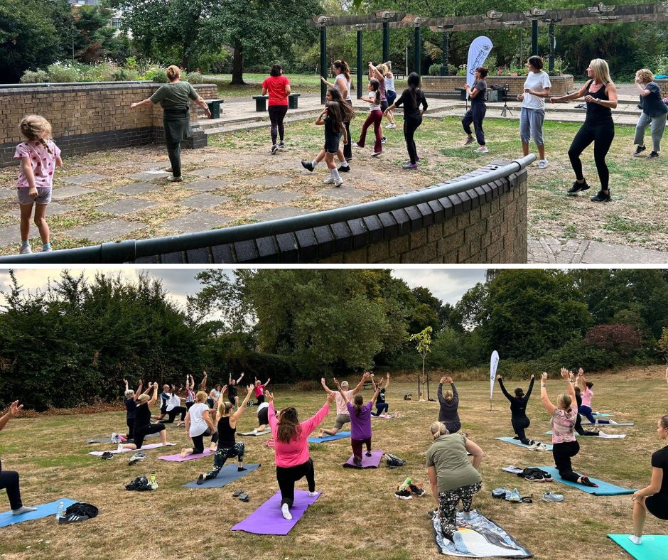 People doing exercise in a park.