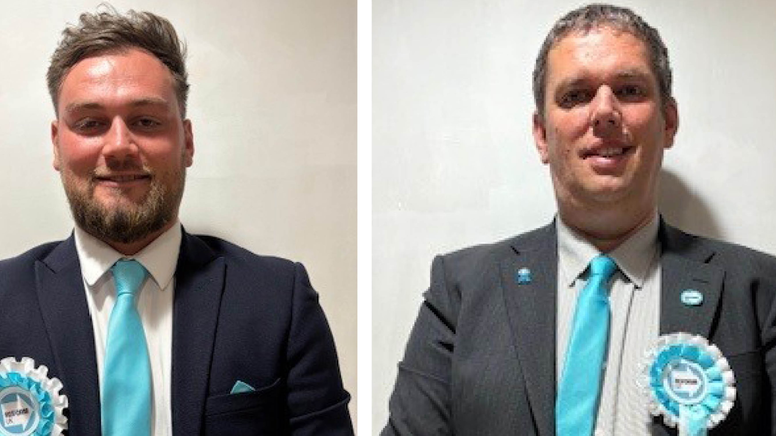 Two men wearing suits who have been elected as councillors.  Cllr Scott Kelly and Cllr Sam Newman