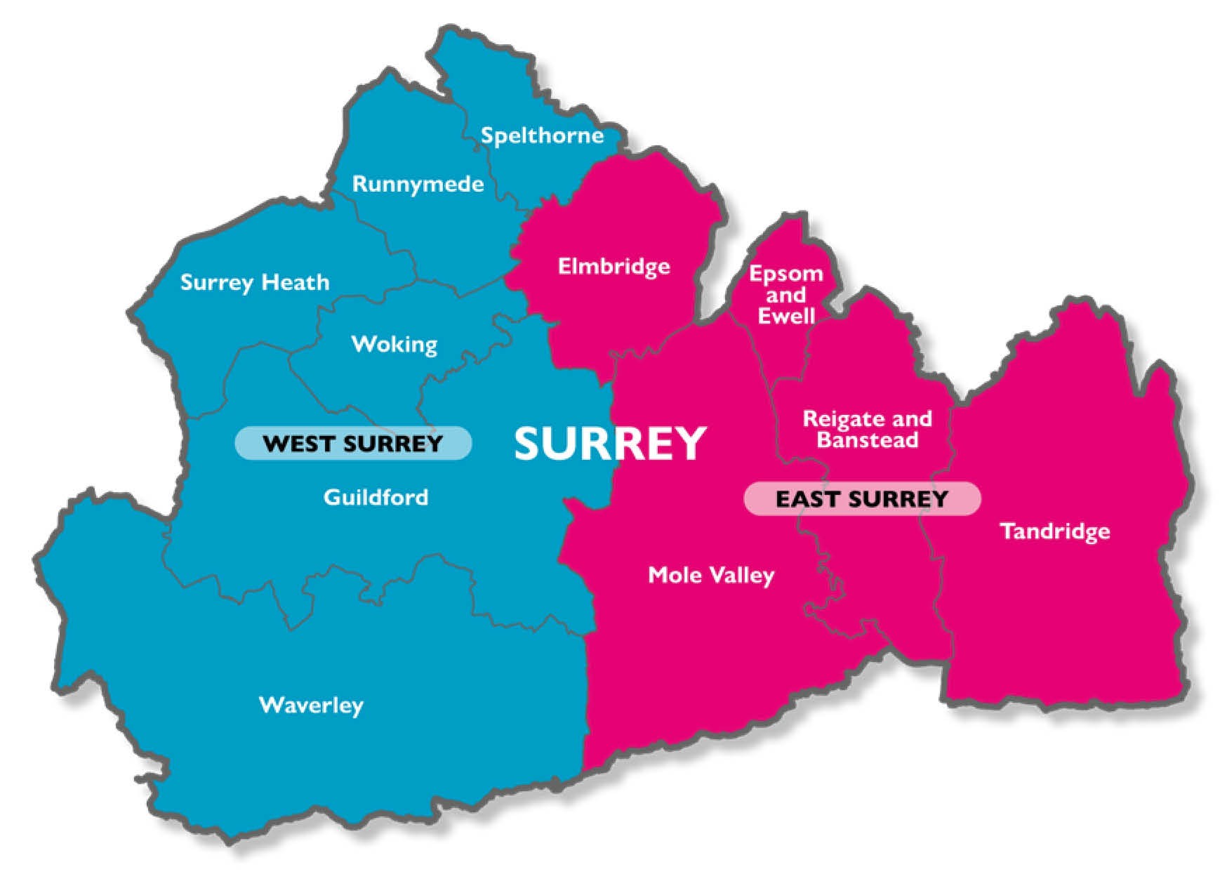 map showing the new surrey council areas