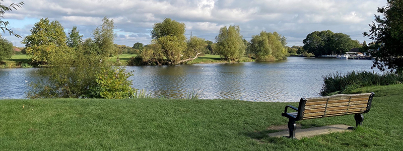 Bench overlooking the water at Chertsey Mead