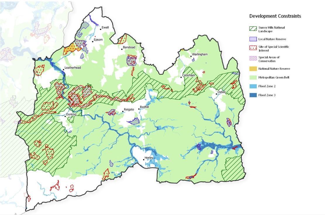 East surrey map with key development constraints map