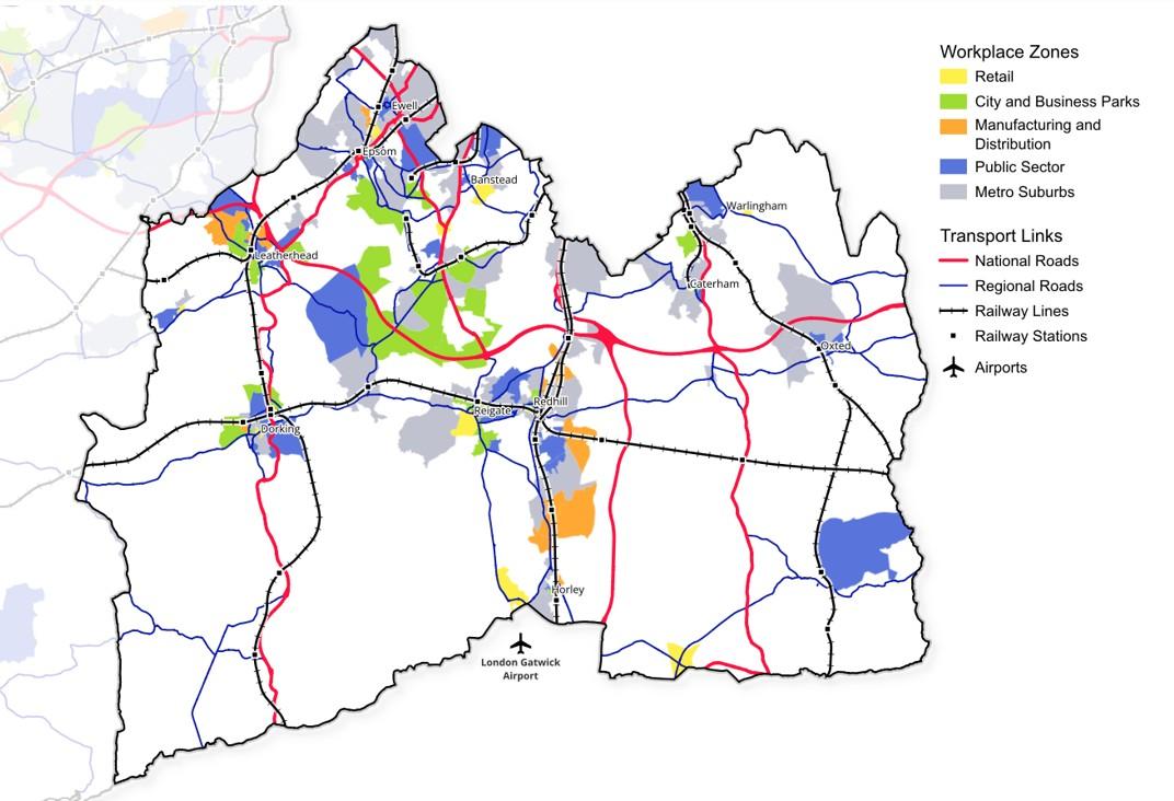 East Surrey map with key towns, workplace zones and transport links map