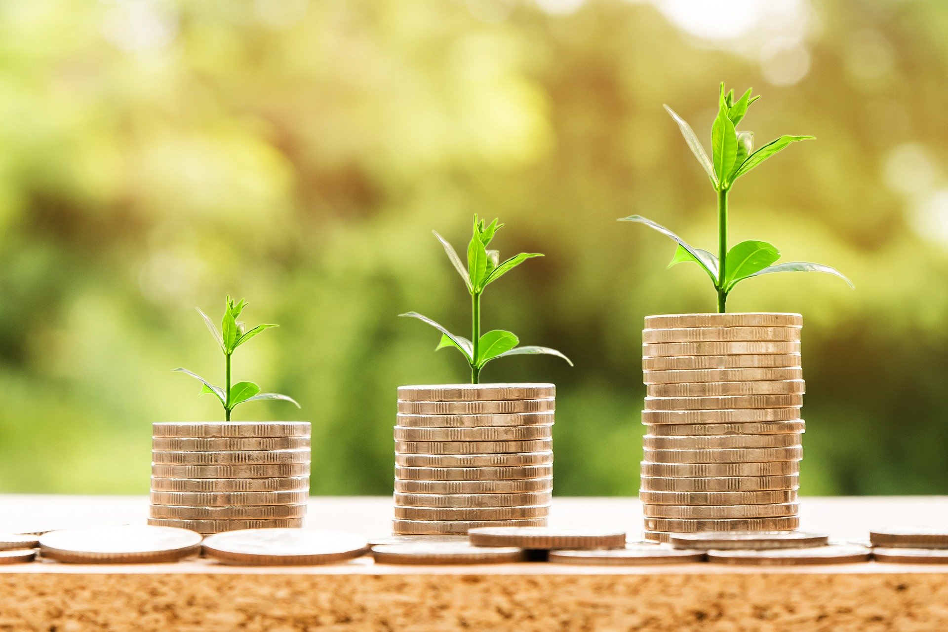 growing stacks of gold coins, each with a progressively larger plant growing from it