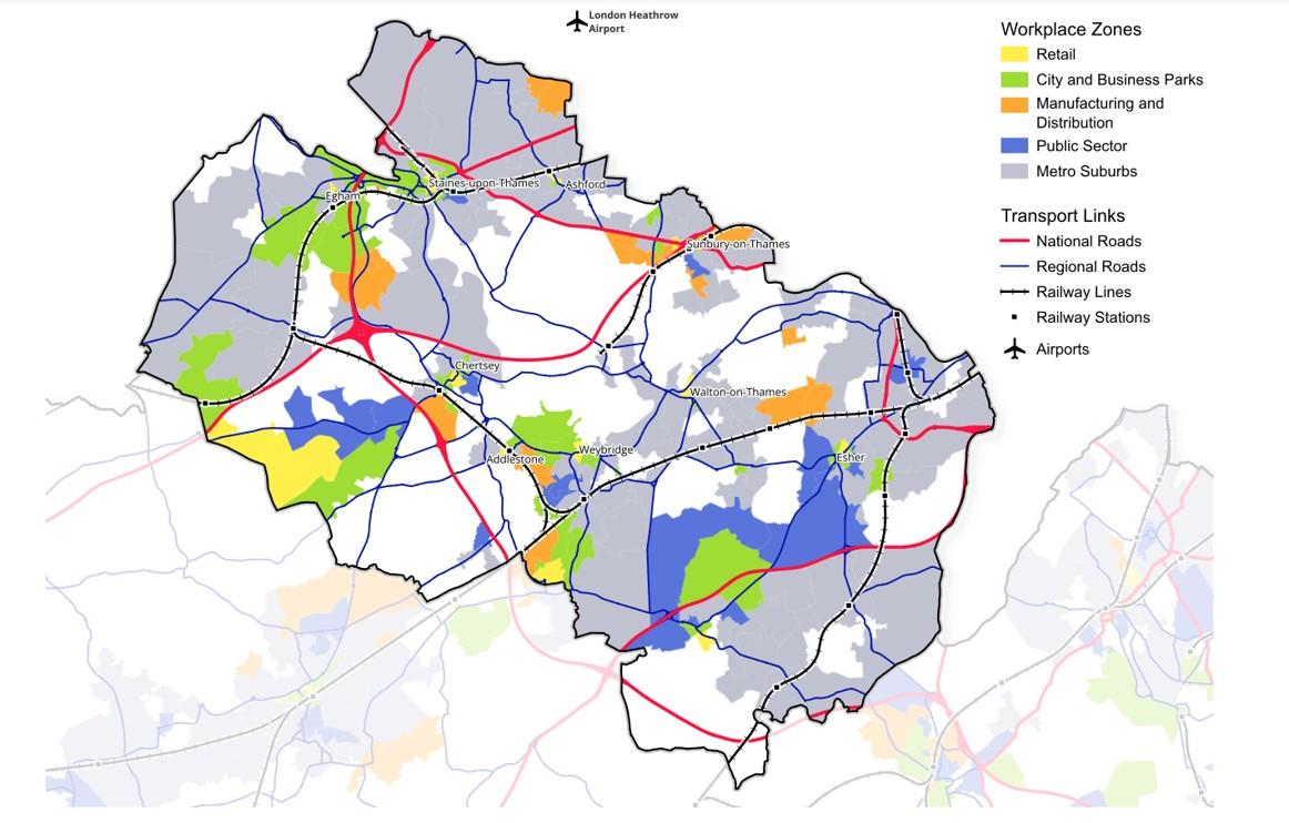 North Surrey map with key towns, workplace zones and transport links map