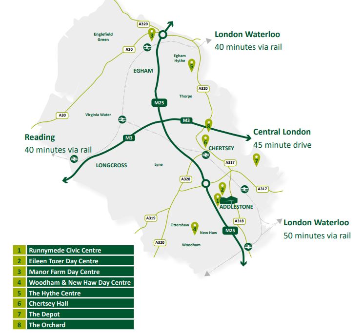 A map of Runnymede Borough with key locations