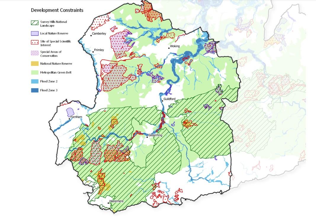 West surrey map with key development constraints map