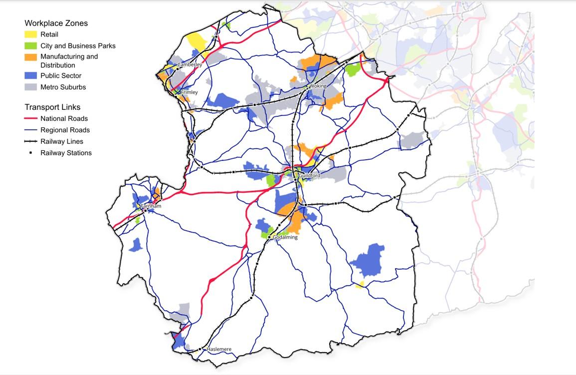 West surrey map with key towns workplace zones and transport links map